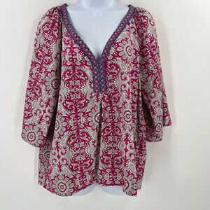 Feathers by Tolani L Pink Paisley Tunic Blouse V-Neck Embroidered ResortWear